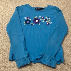 Blue Embroidered Flower Shirt with Sleeve Ruffles